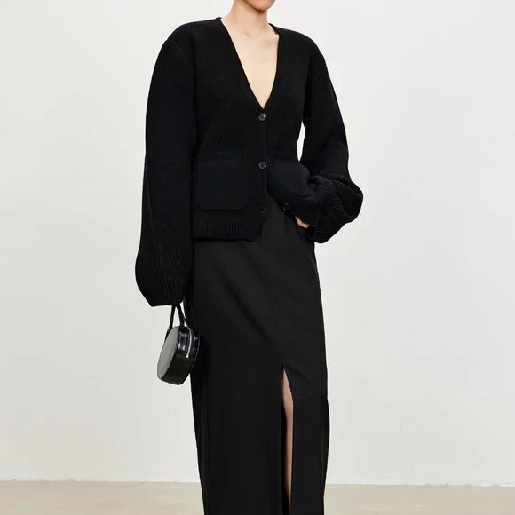 CHICJOC Scarlet Style Cashmere Cardigan Deep V-neck black size 38 - Picture 5 of 15